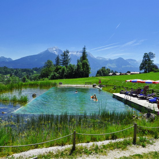 Naturhotel Reissenlehen Teich mit Bergblick