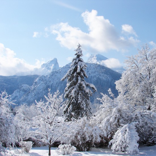 Ausblick auf die verschneite Winterlandschaft vom Hotel Georgenhof